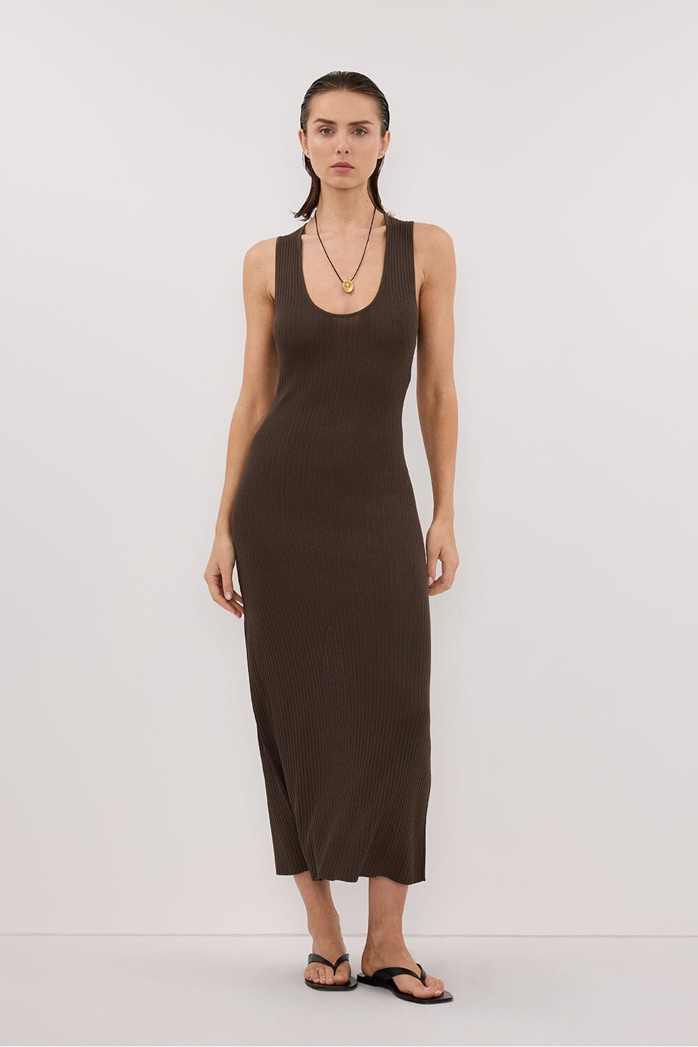 EVE DARK OLIVE SCOOP KNIT MIDI DRESS Clothing DISSH Boutiques 