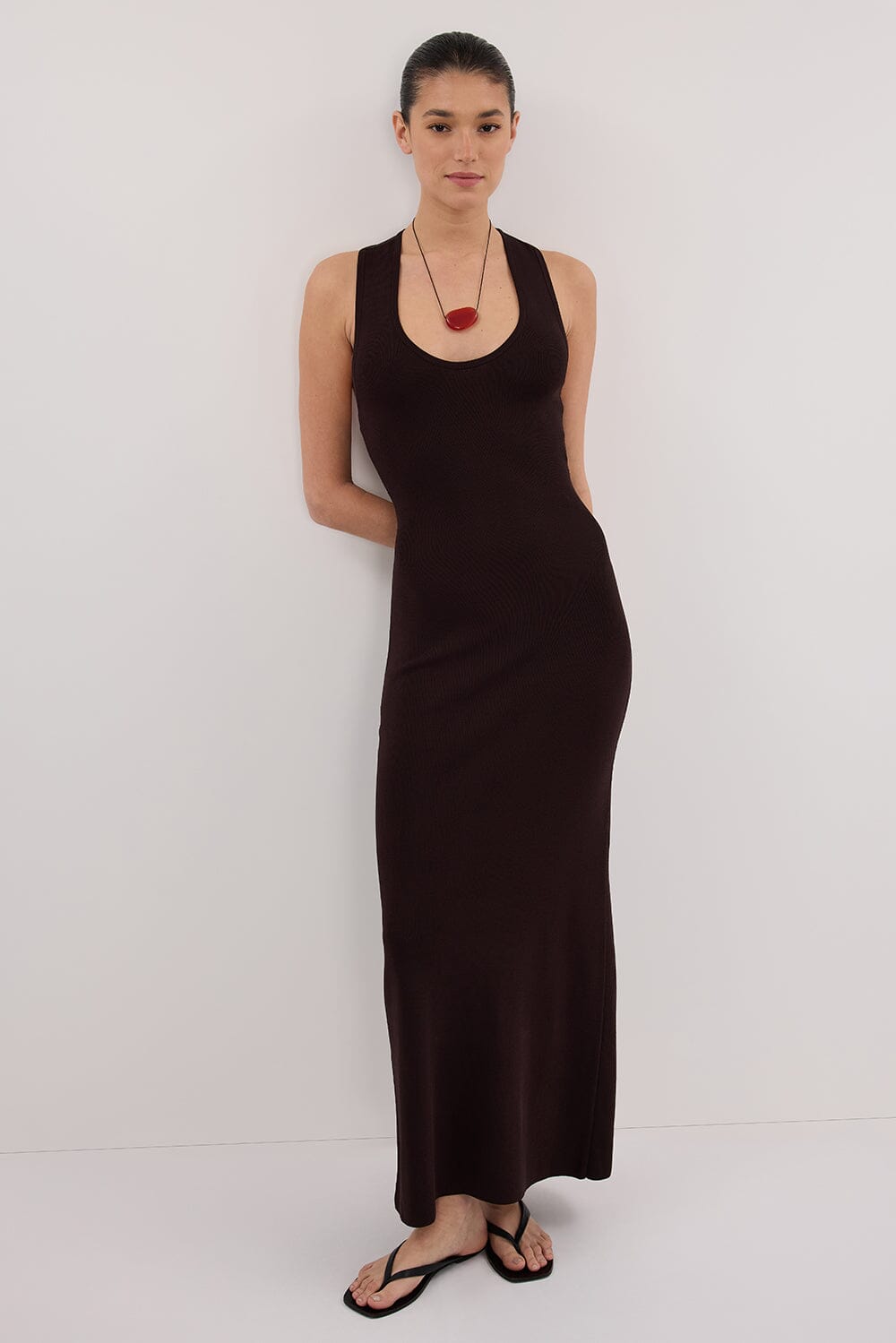 DEVIN BITTER CHOC RACER KNIT MIDI DRESS Clothing DISSH Boutiques XS BITTER CHOCOLATE 