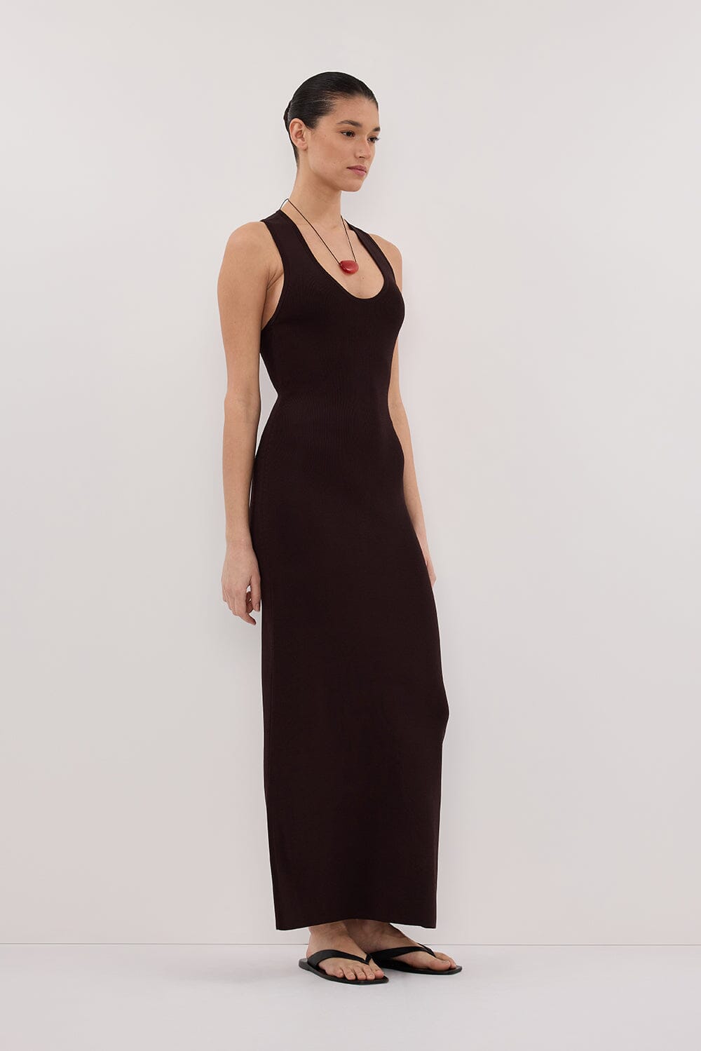 DEVIN BITTER CHOC RACER KNIT MIDI DRESS Clothing DISSH Boutiques 