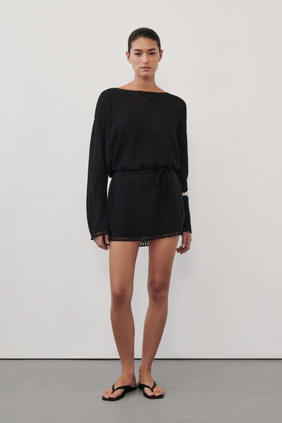 Aude wearing TARI BLACK KNIT LONG SLEEVE MINI DRESS