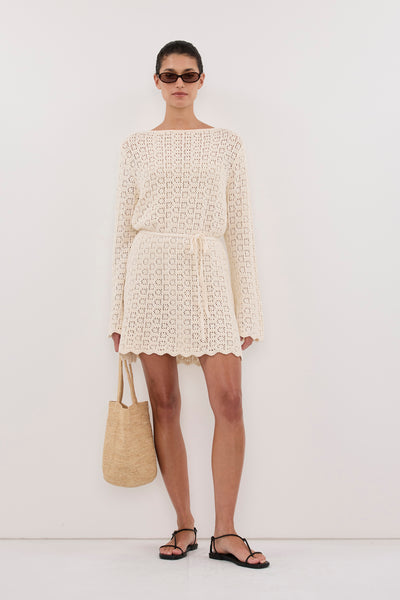 Aude wearing KEIRA NATURAL LONG SLEEVE KNIT MINI DRESS