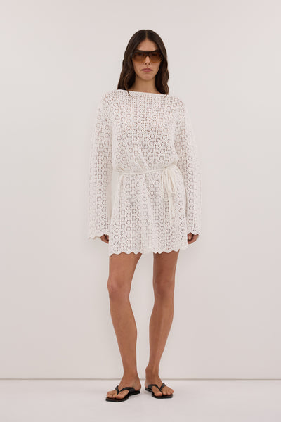 Helena  wearing KEIRA WHITE LONG SLEEVE KNIT MINI DRESS - PRE ORDER