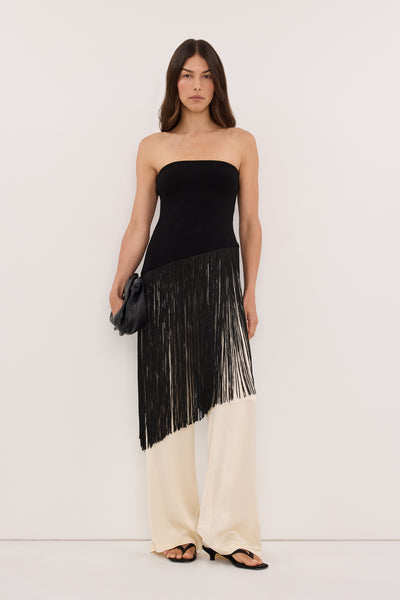 Helena  wearing TROVE BLACK BANDEAU FRINGE TOP - PRE ORDER