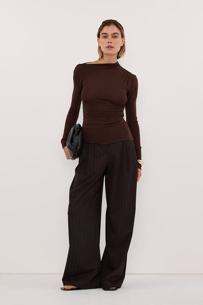 Joanna wearing ARIEL CHOC LONG SLEEVE KNIT TOP