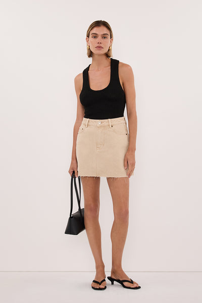 Joanna wearing ASPEN BLACK SLEEVELESS RACER KNIT TOP