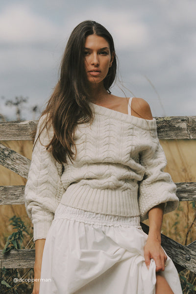 Joanna wearing TOM CREAM ASYM KNIT JUMPER