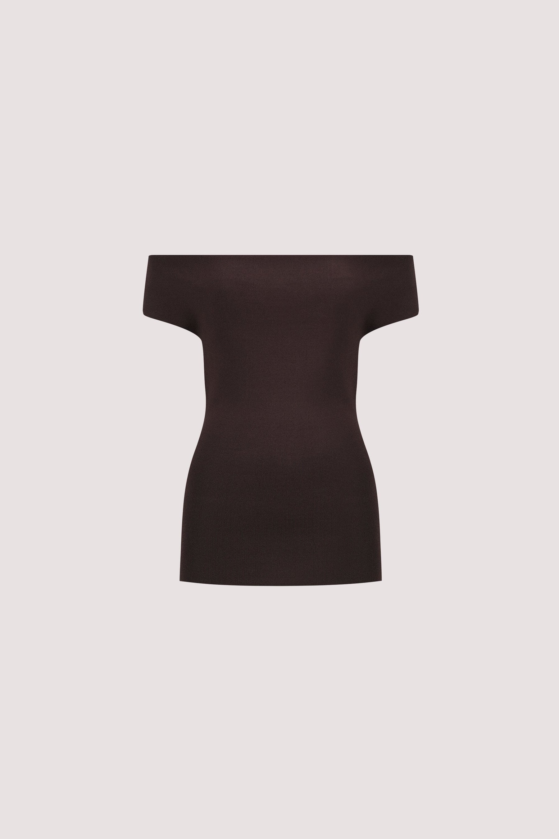 ASTRID BURNT CHOC OFF SHOULDER KNIT TOP Clothing DISSH Boutiques 