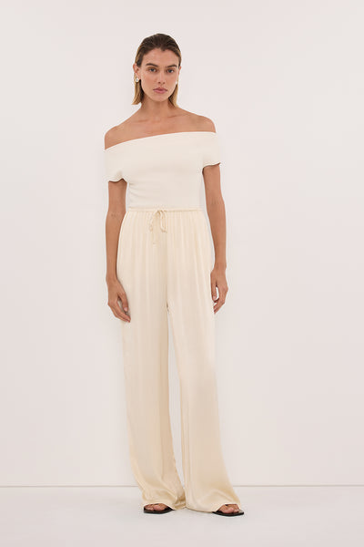 Joanna wearing ASTRID PLASTER OFF SHOULDER KNIT TOP