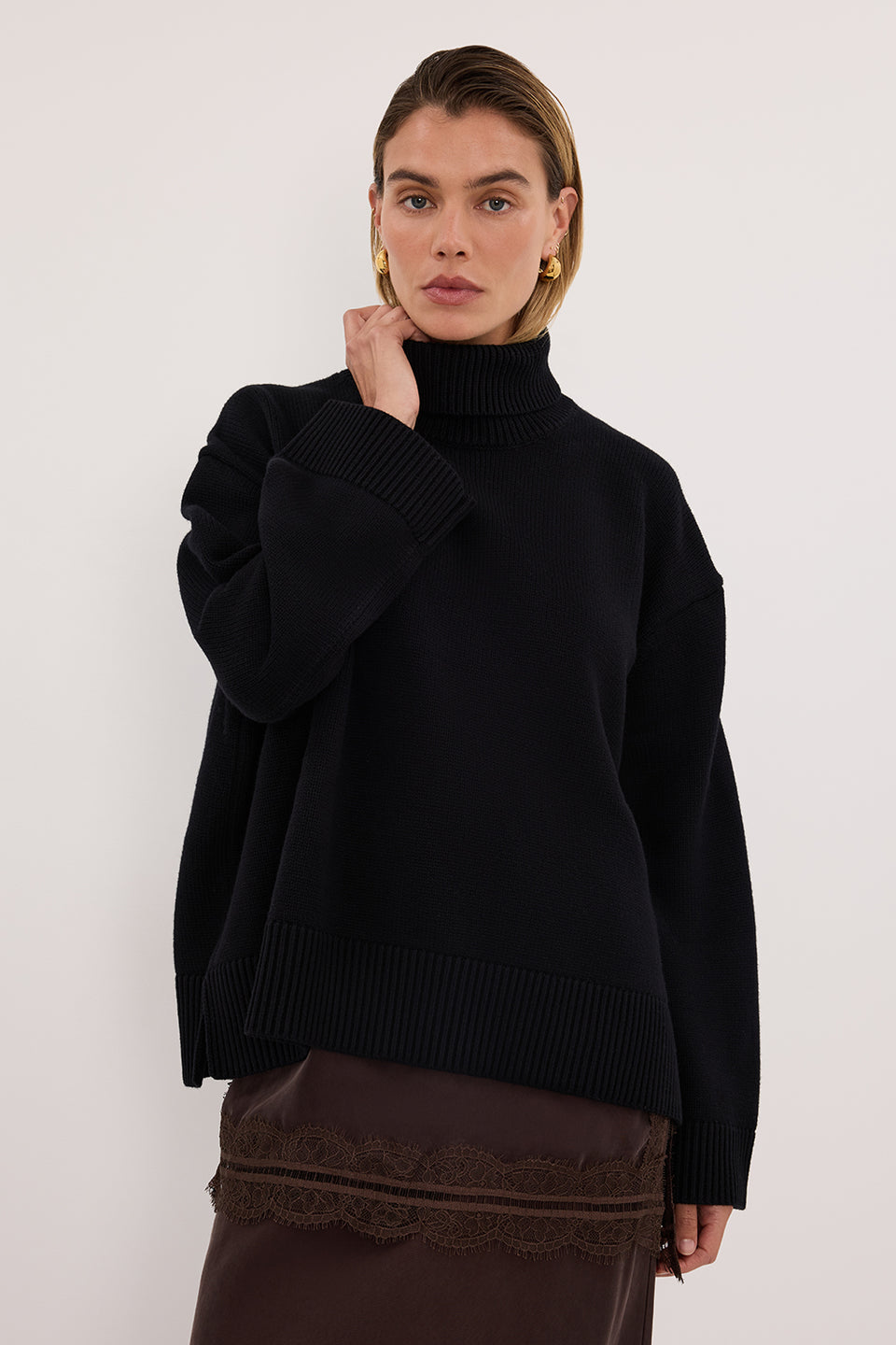 ELLA BLACK TURNBACK NECK KNIT JUMPER