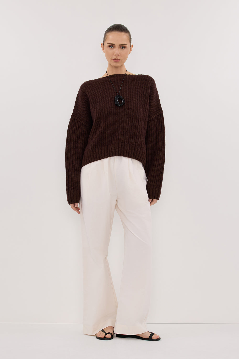 LIN CHOCOLATE BOAT NECK KNIT JUMPER Clothing DISSH Boutiques XS CHOCOLATE 