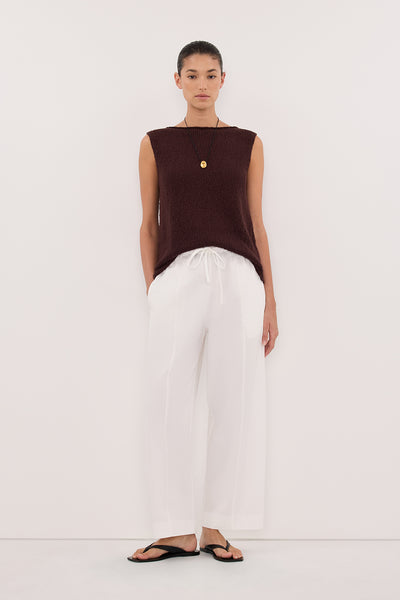 Aude wearing DINA CHOC SLEEVELESS KNIT TOP