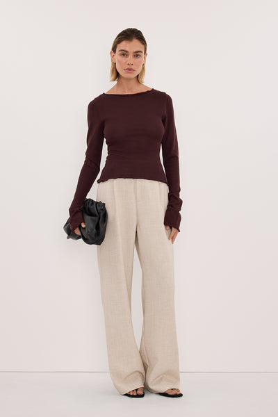 Joanna wearing BLAKE PLUM LONG SLEEVE BOAT NECK KNIT TOP