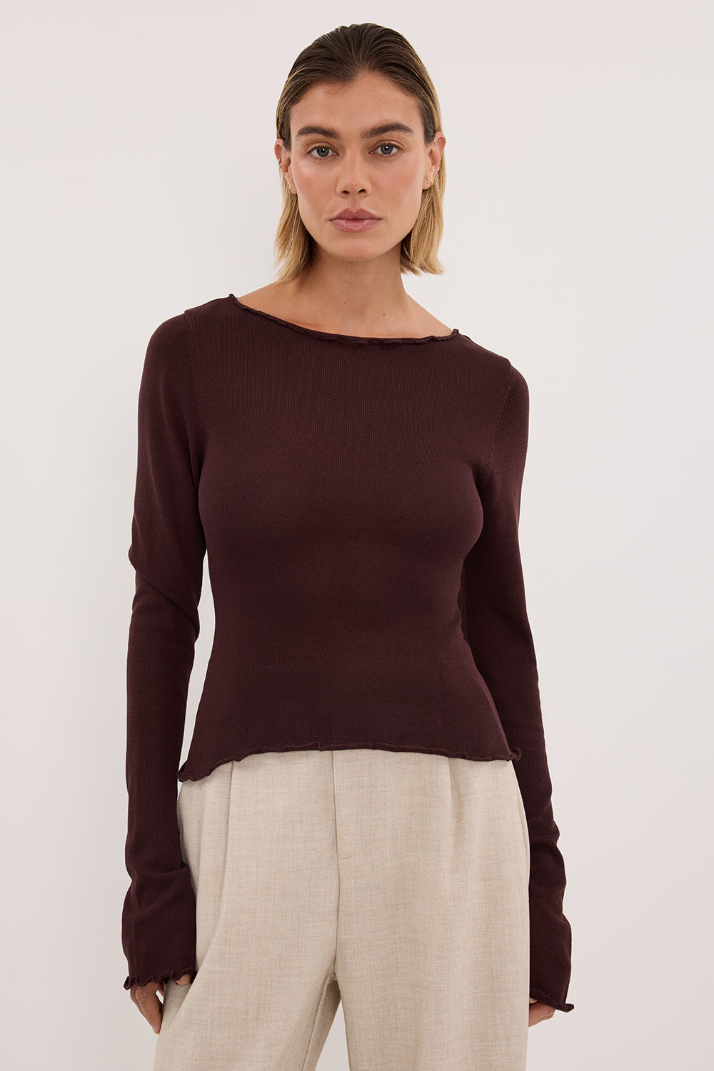BLAKE PLUM LONG SLEEVE BOAT NECK KNIT TOP
