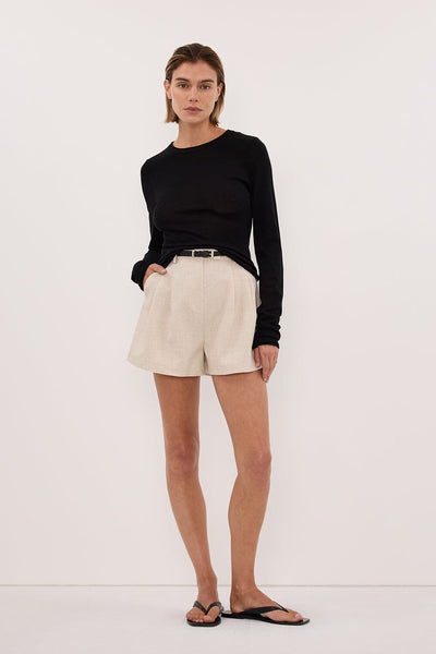 Joanna wearing DUKE BLACK LONG SLEEVE MERINO KNIT TOP