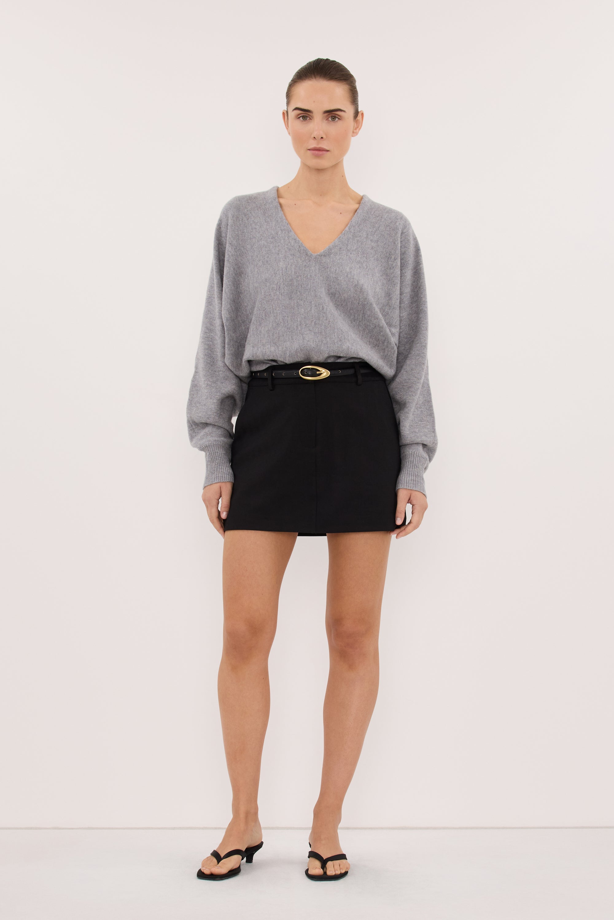LUMI GREY MARLE V NECK MERINO KNIT JUMPER