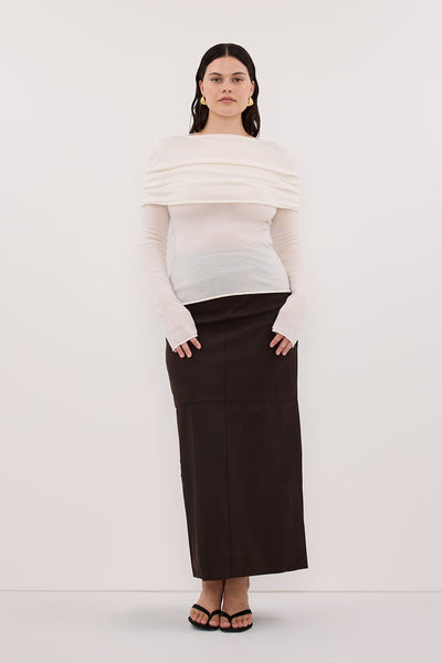 Jasmine wearing IVY OFF WHITE MERINO LONG SLEEVE TOP