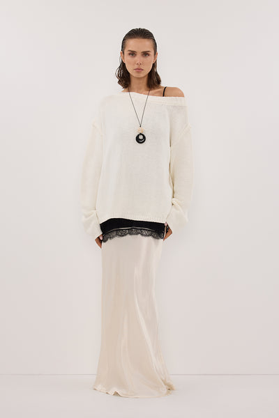 Joanna wearing LEISLE CREAM ASYM KNIT JUMPER