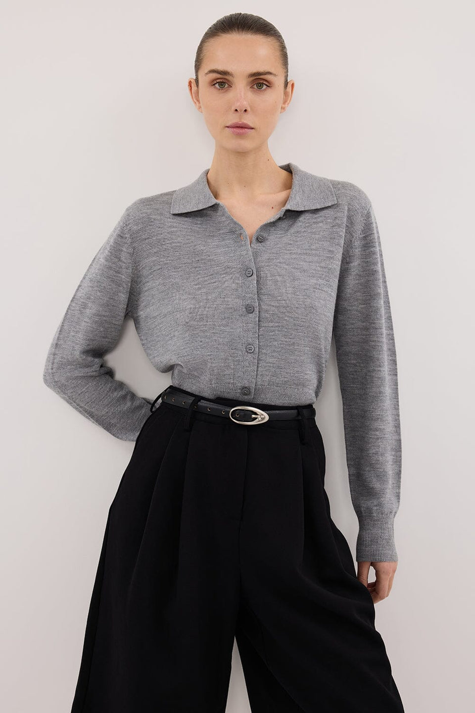 KYRA SILVER LONG SLEEVE MERINO WOOL CARDIGAN Clothing DISSH Boutiques XS SILVER 