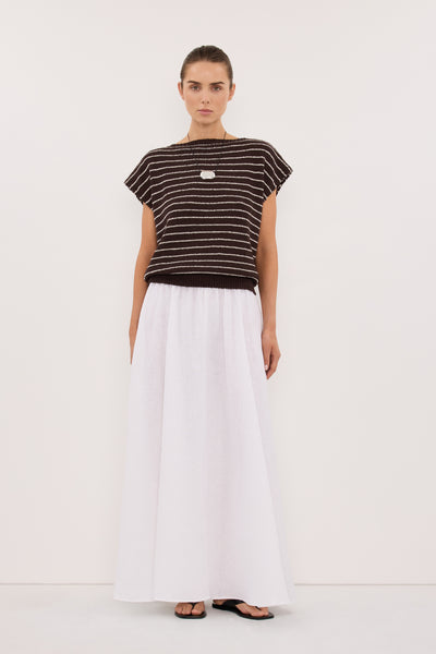 Stas wearing ASPEN CHOC STRIPE KNIT TOP