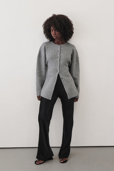Cynthia wearing MARTHA GREY MARLE CINCHED CARDIGAN