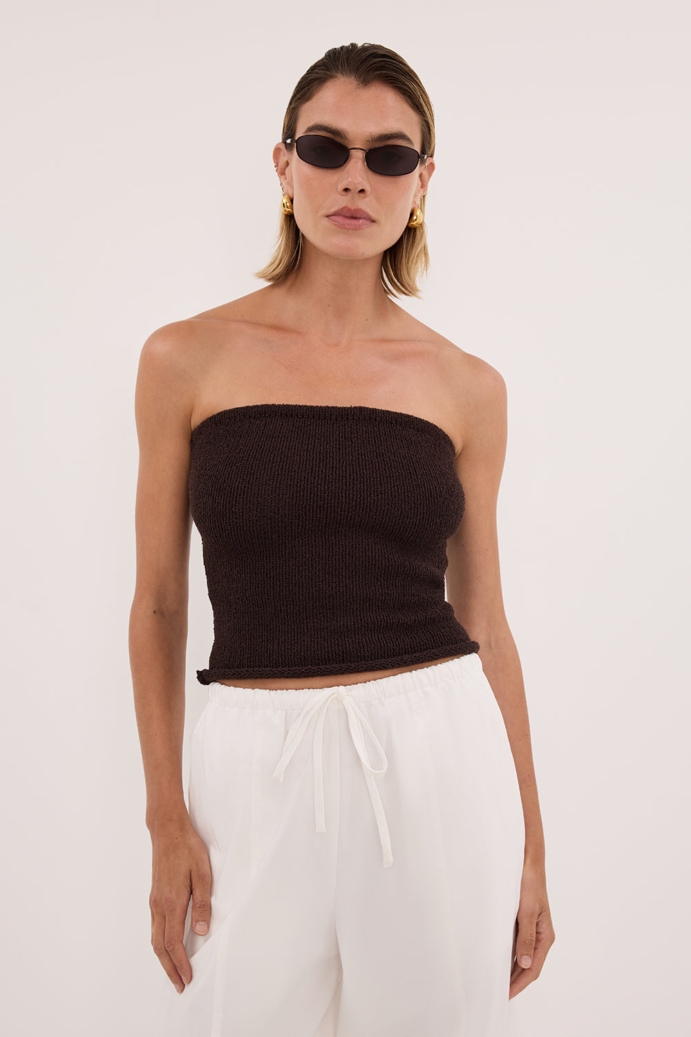 KARA CHOC STRAPLESS BANDEAU KNIT TOP