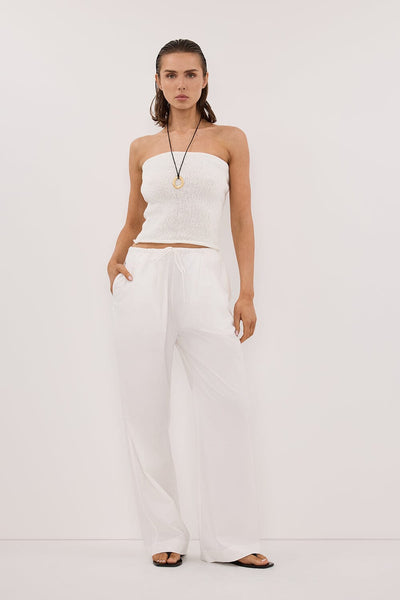 Stas wearing KARA OFF WHITE STRAPLESS BANDEAU KNIT TOP