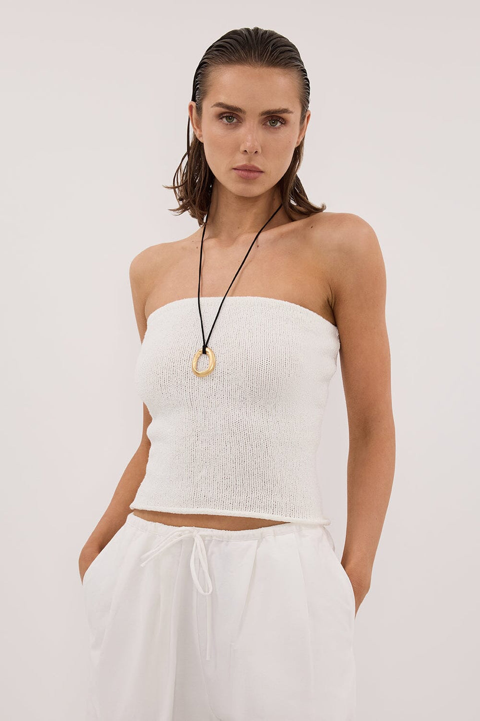 KARA OFF WHITE STRAPLESS BANDEAU KNIT TOP Clothing DISSH Boutiques 
