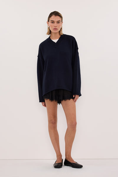 Joanna wearing FLINT INK V NECK KNIT JUMPER