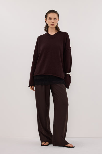 Joanna wearing FLINT PLUM V NECK KNIT JUMPER