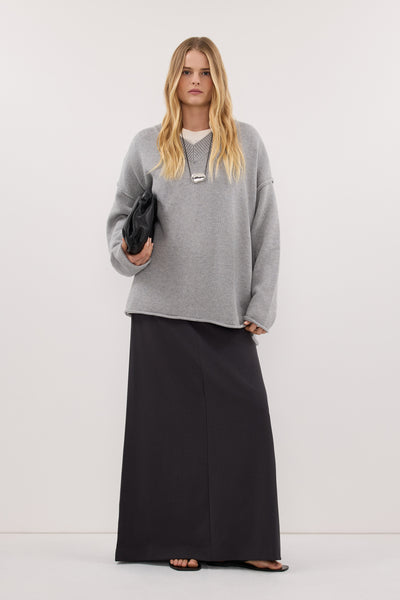 Zoe wearing FLINT SILVER V NECK KNIT JUMPER