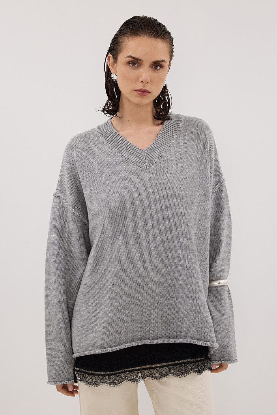 FLINT SILVER V NECK KNIT JUMPER Clothing DISSH Boutiques 