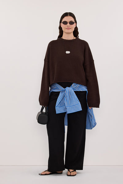 Jasmine wearing BAY CHOC KNIT JUMPER