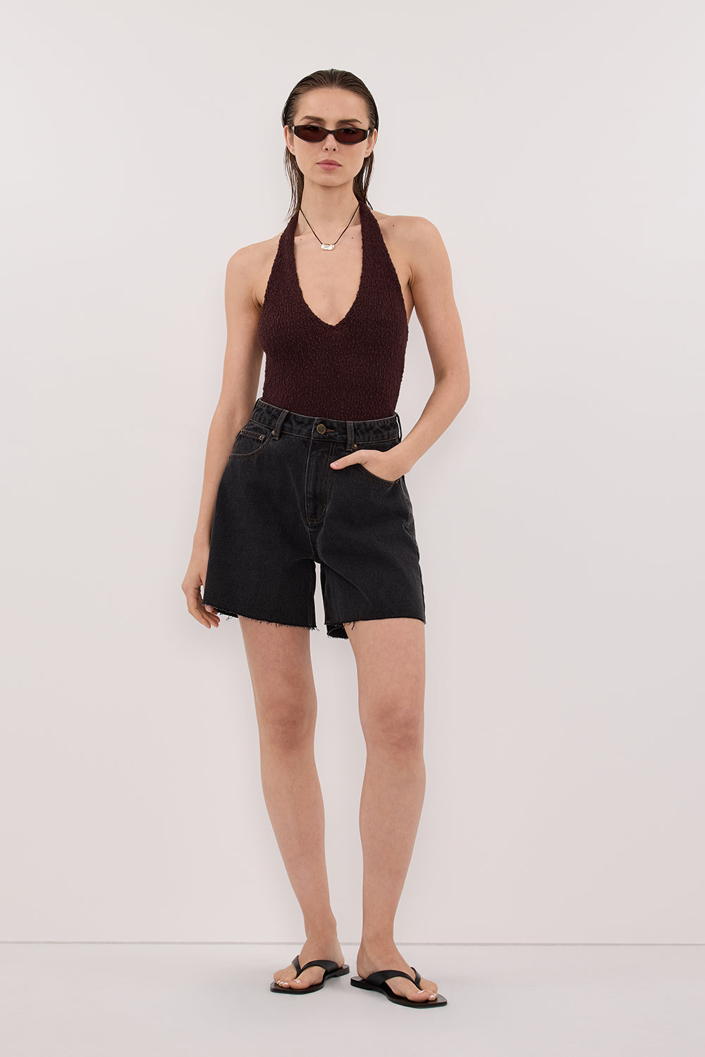 DINA CHOC SLEEVELESS HALTER KNIT TOP Clothing DISSH Boutiques 