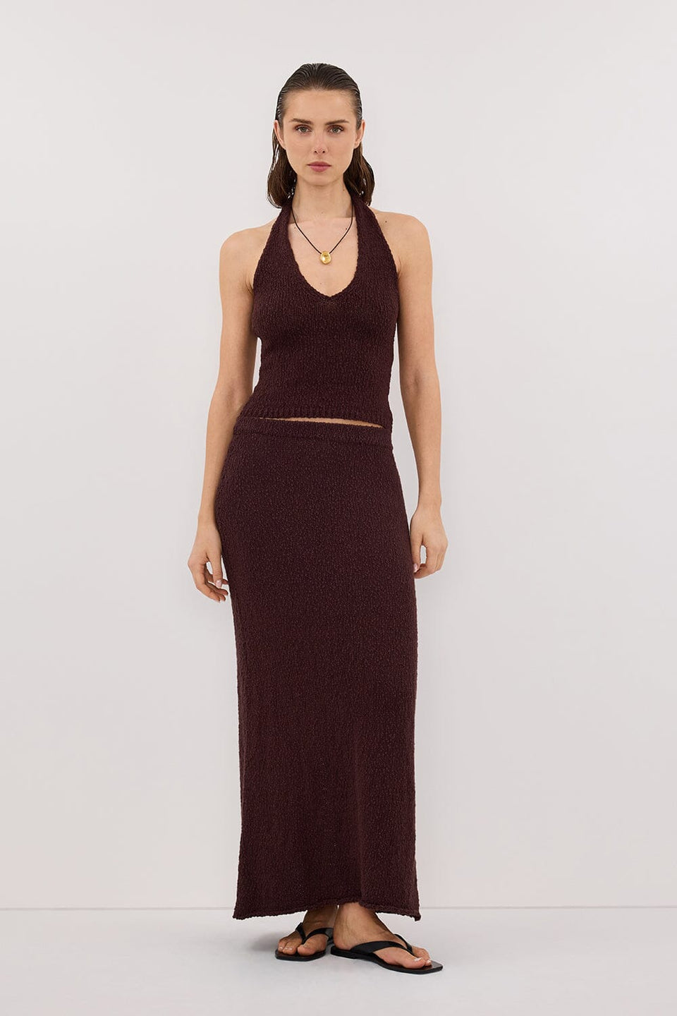 DINA CHOC SLEEVELESS HALTER KNIT TOP Clothing DISSH Boutiques 