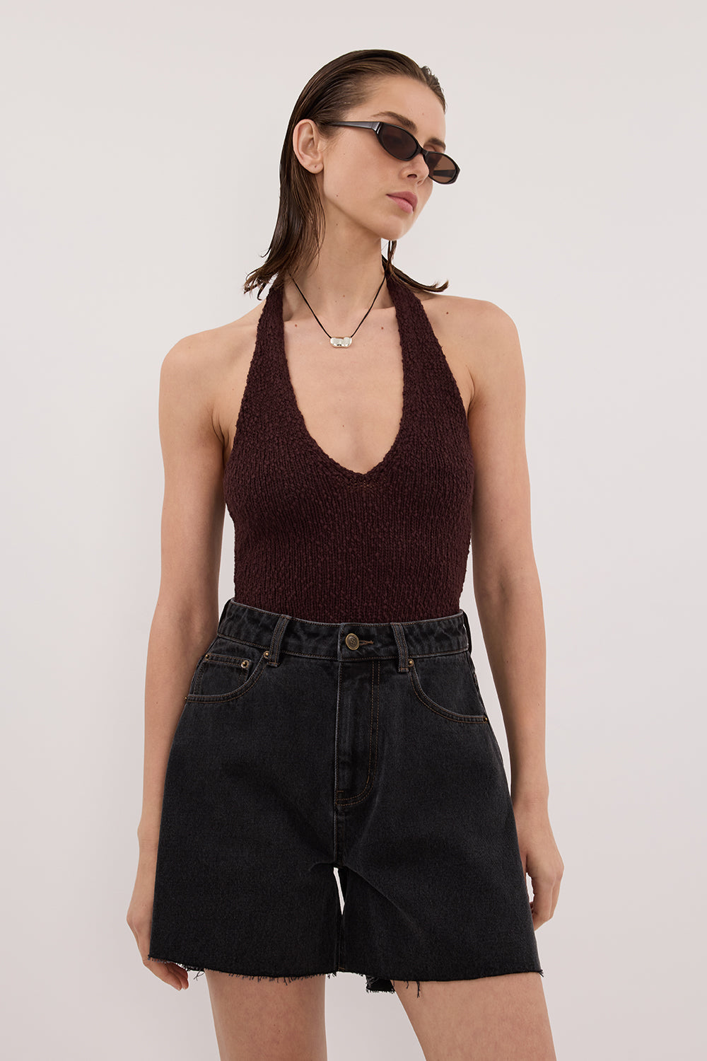 DINA CHOC SLEEVELESS HALTER KNIT TOP Clothing DISSH Boutiques 