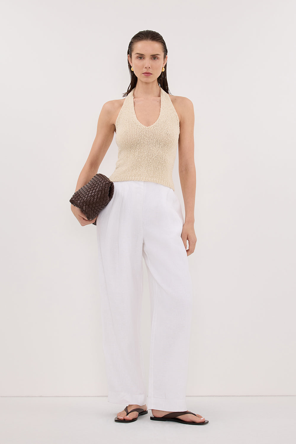 DINA NATURAL SLEEVELESS HALTER KNIT TOP Clothing DISSH Boutiques 