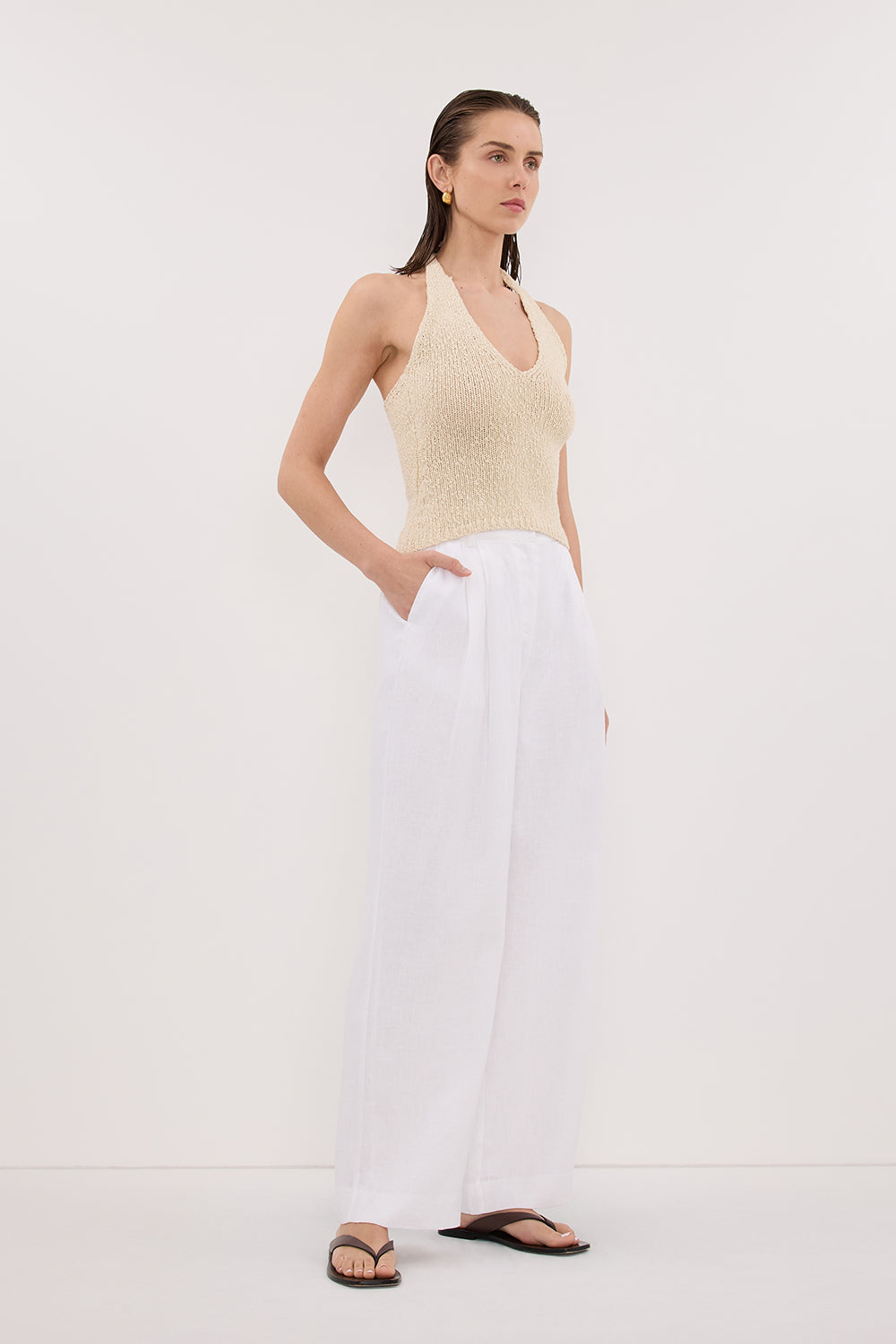 DINA NATURAL SLEEVELESS HALTER KNIT TOP Clothing DISSH Boutiques 