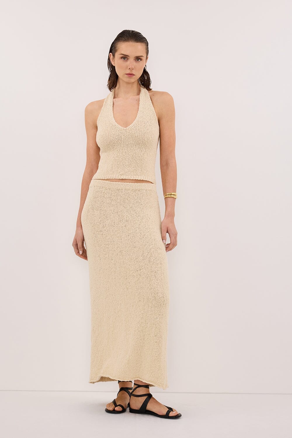 DINA NATURAL SLEEVELESS HALTER KNIT TOP Clothing DISSH Boutiques 