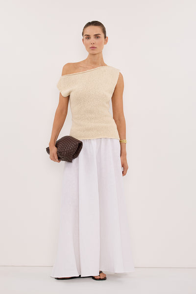 Stas wearing DINA NATURAL COTTON ASYM KNIT TOP