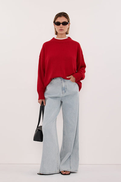 Joanna wearing MILA BURNT RED CREW NECK KNIT JUMPER