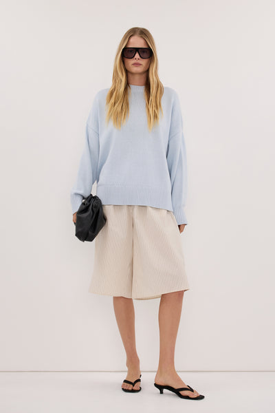 Zoe wearing MILA DUSTY BLUE CREW NECK KNIT JUMPER