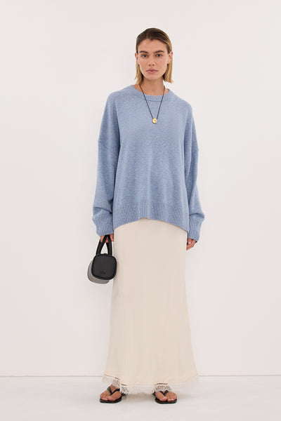 Stas wearing BELLA SKY BLUE CREW NECK KNIT JUMPER