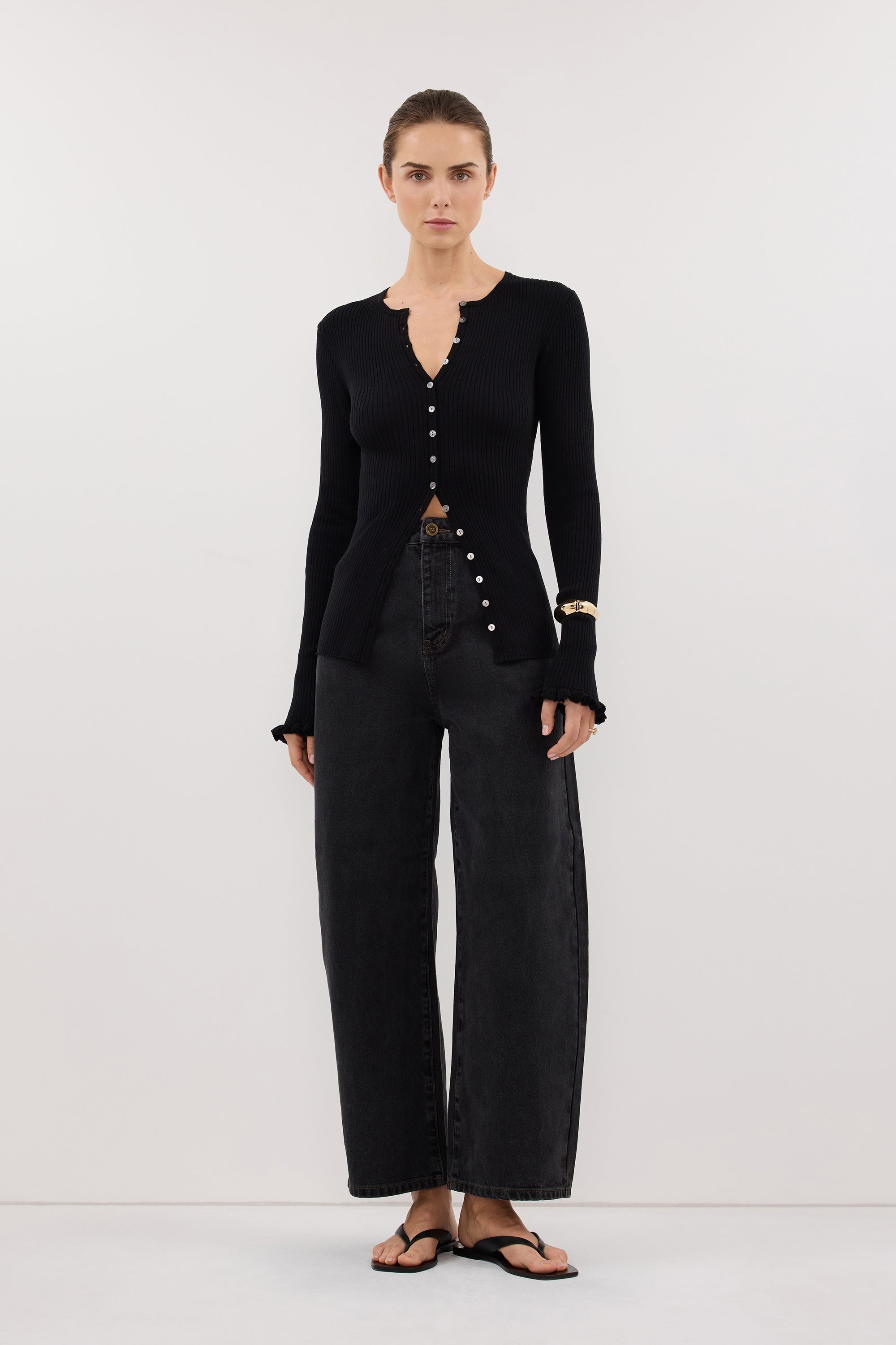 KAIA BLACK RUFFLE KNIT CARDIGAN