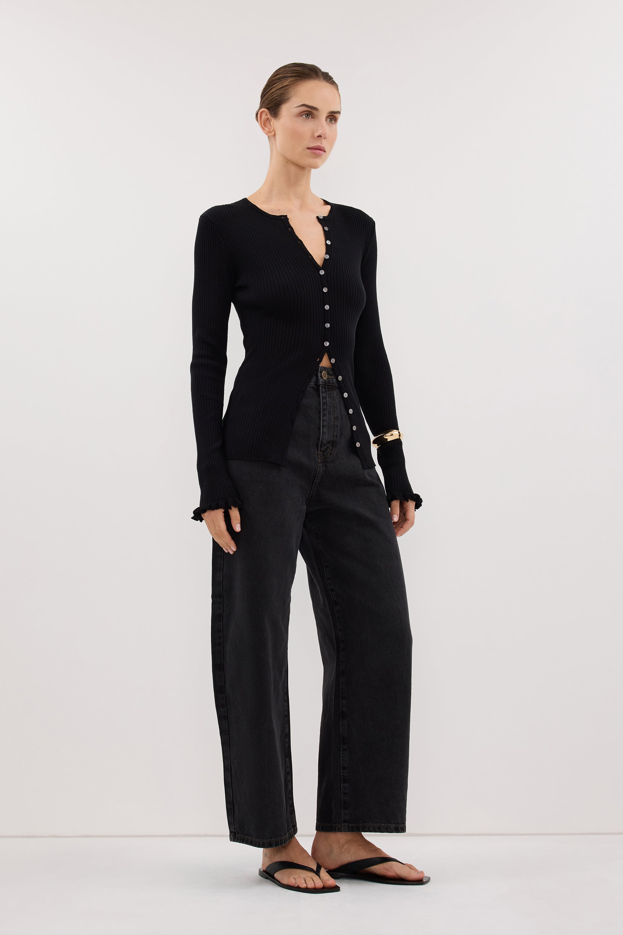 KAIA BLACK RUFFLE KNIT CARDIGAN