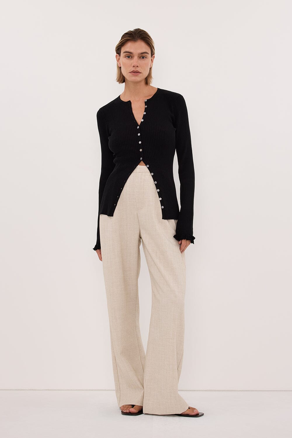KAIA BLACK RUFFLE KNIT CARDIGAN