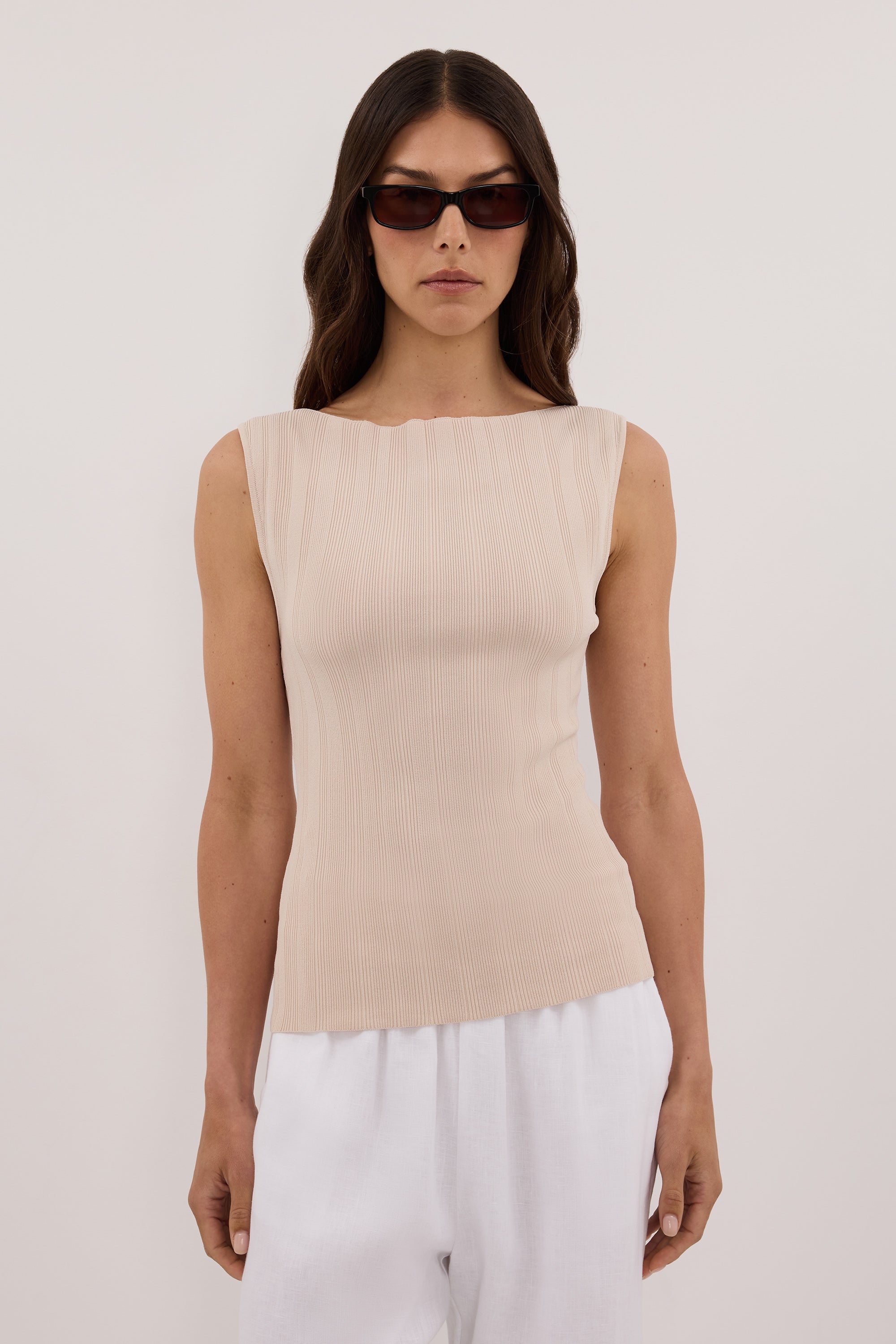 DOVE STONE SLEEVELESS RIBBED KNIT TANK