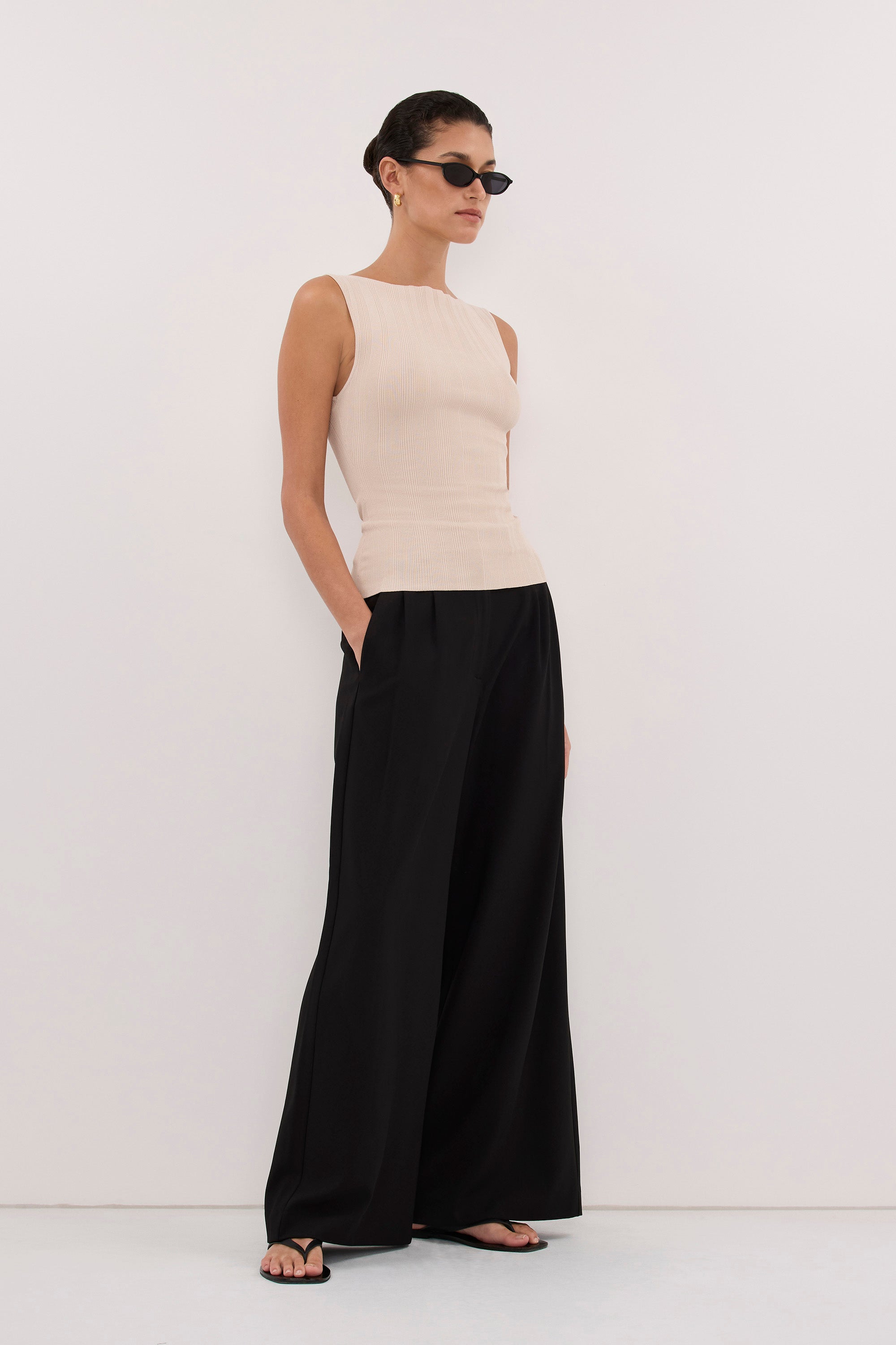 DOVE STONE SLEEVELESS RIBBED KNIT TANK