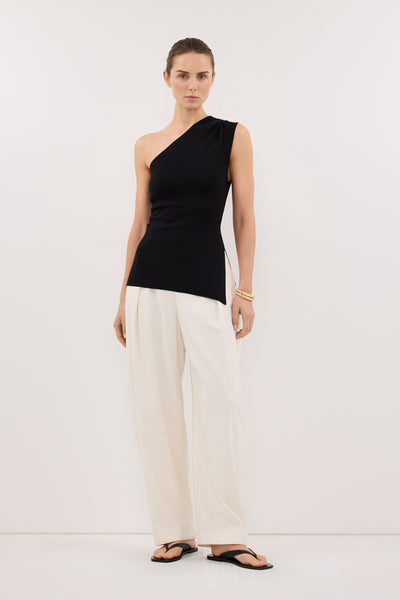Stas wearing BRYNN BLACK ONE SHOULDER KNIT TOP