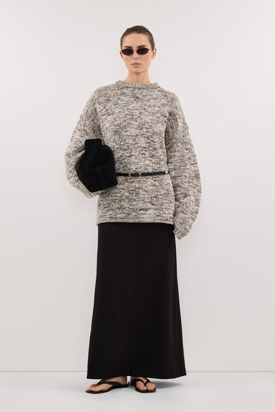 Stas wearing JETT CHOC MARLE LONGLINE KNIT JUMPER