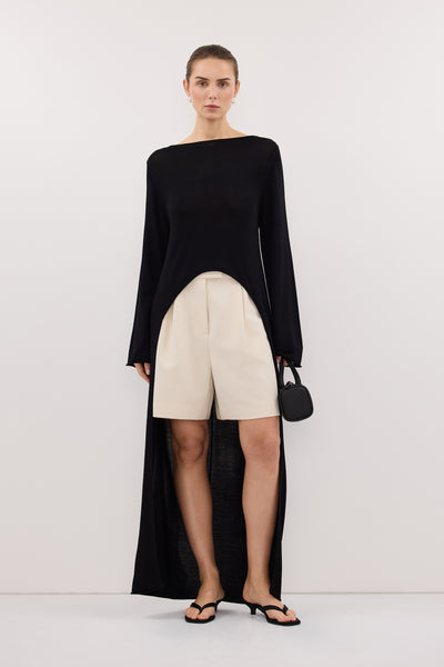 Stas wearing DAPHNE BLACK KNIT CAPE TOP